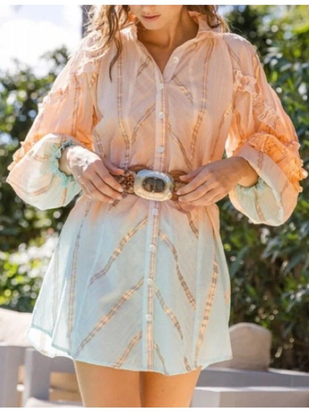 Miss June Paris Pastel Ombre Metallic Stripe Ballon Sleeve Shirt Mini Dress OS